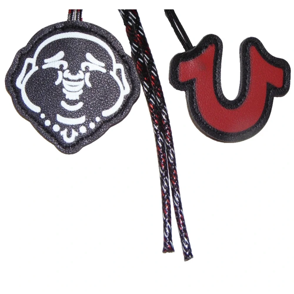 True Religion Wennington Sling Crossbody Black Embossed Logo Buddha Charm NWT